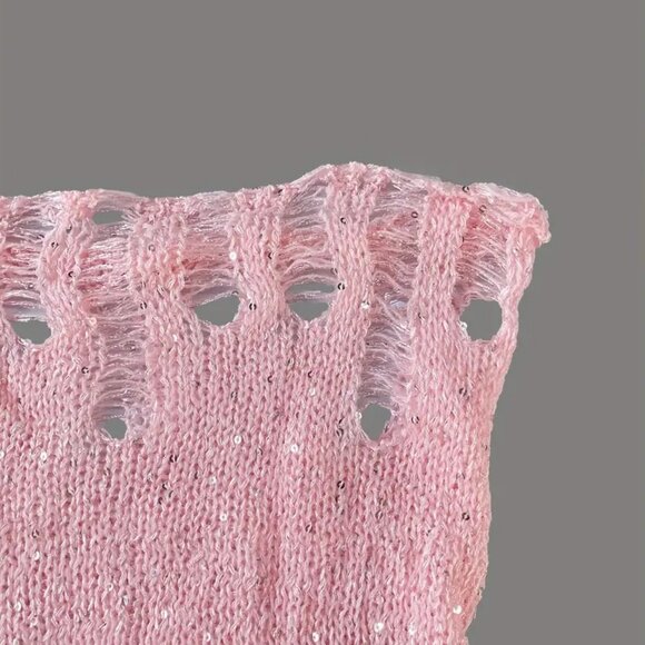 Pink Sequin Distressed Knit Top and Skirt Set - Picture 3 of 4